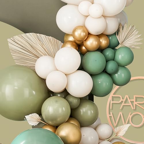 Image of PartyWoo 140 pcs Olive Green Balloon Arch Kit, Sage Green Balloon Garland Kit with Cream White Metallic Gold Retro Green Clear Balloons and Arch Kit for Birthday, Baby Shower, Wedding