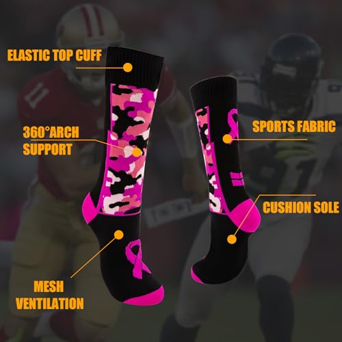 QEES Pink Sports Breast Cancer Awareness Socks For Youth Boys Adults Women Men (US, Alpha, Small, Large, Regular, Regular, S, PInk+Black)3