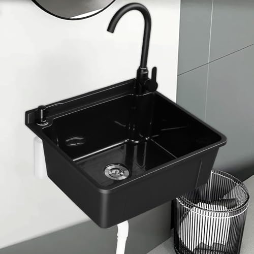 ROVSUN 9-Gallons Plastic Wall-Mounted Utility Sink, Wall-Mounted Utility Tub with Wall Bracket, Hot&Cold Faucet, Drain Plug, Perfect for Basement, Laundry Room, Garage or Shop and More, Black