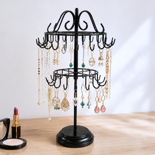 Image of ecofynd 2-Tier Metal Jewelry Organizer Stand with 40 Hooks, 360 Rotating 20-Inch Holder for Earrings, Necklaces, Bracelets & Rings, Space-Saving Display for Vanity & Dressing Table (Black, JS013)