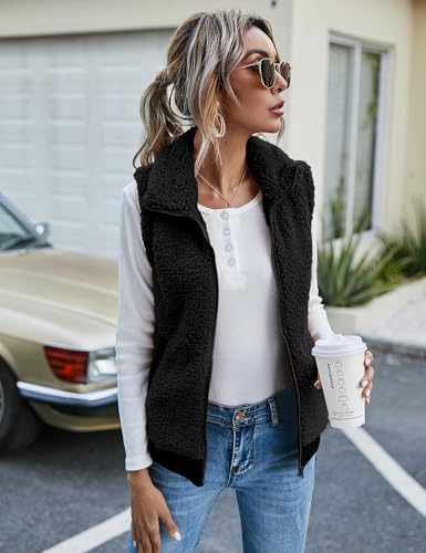 IECCP Damen Mantel Herbst Casual Leicht Ärmellos Weste Damen Lang Elegant Mode Kunstfell Weste Mit Taschen(Schwarz,L)