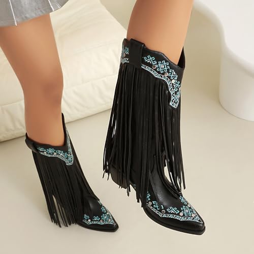 Embroidered Fringe Cowboy Boots for Women, Snip Toe Cowgirl Mid Calf Boots With Rivets Pull On Chunky Heel Embroidered Western Country Boot.4