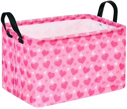 Image of MAIZMZ Girls Storage Basket Heart Print Storage Cube for Women, Closet Shelf Organizer Bins Empty Gift Basket with Handles Girls Nursery hamper Kids Toys Books Box Room Deco