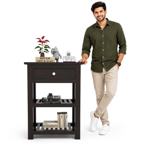 Image of SHYAM ART & CRAFT Solid Sheesham Wood Bedside Table with 3 Drawers Storage | Handcrafted Timber Nightstand and Utility Side Cabinet for Bedroom & Guest Room | Walnut Finish
