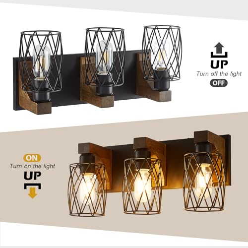 Image of Farmhouse Bathroom Vanity Light, 3-Light Wood Bathroom Light Fixtures Over Mirror, Black Industrial Vanity Lights with Metal Shade, Rustic Bathroom Lighting for Bedroom Living Room Hallway