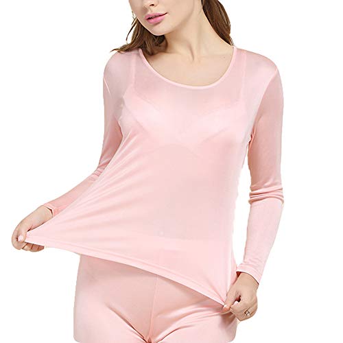 LingDooo Women Pure Silk Winter Knit Underwear Set Winter Thermal Long Johns Set Crew Neck (XS, Pink)