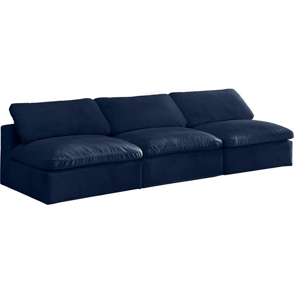 Meridian Furniture 634Navy-S117 Cozy Collection Contemporary Fiber Filled Comfort Overstuffed Velvet Upholstered Modular Sofa Seating for 3 Armless