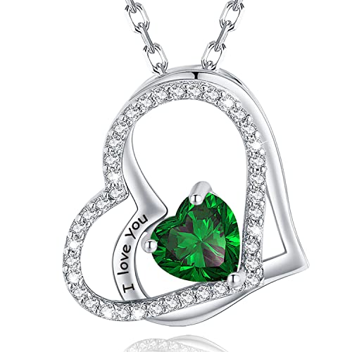 MISUMOR Necklaces for Women 925 Sterling Silver Heart Necklace Engraved I love you Birthstone Jewelry for Women Gifts for Her Wife Mom on Valentine's Day Birthday Anniversary Christmas