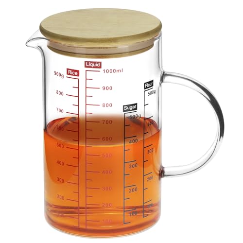 QWORK® Verre Doseur en Verre Borosilicaté 1000ml avec Couvercle en Bambou - Échelle Multipl - Passe au Micro-ondes - Idéal pour Jus, Lait et Pâtisserie