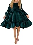 Ocean Plus Mädchen Herbst Langarm Swing Kleid Wildleder Party Rüschenkleid Kinder Prinzessin Kleid (S (125-130cm), Dunkelgrün)