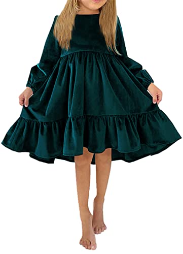 Ocean Plus Fille Robe d'automne à Manches Longues en Daim avec Volants Robe de Princesse (L (145-150cm), Vert foncé) Cover