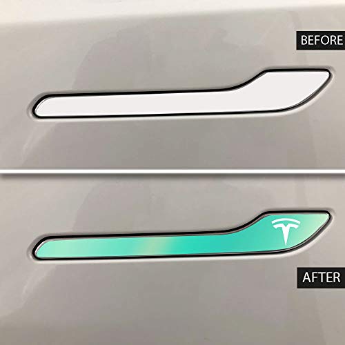 Image of IPG Compatible for Model 3 / Model Y /Juniper Door Handle Decal Sticker Wrap Kit (Set of 4) with Tesla Logo Personalize Your Tesla (Blue Coral)