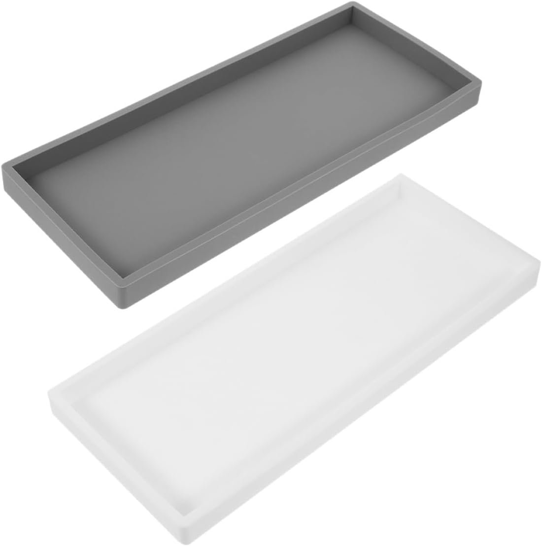2pcs Large Rectangular Silicone Vanity Trays Gray and White for Bathroom Countertop and Kitchen Sink, Non-Slip Storage Organizer for Soap, Cosmetics, Rings, and Perfume