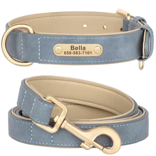 KINYABLUE Personalized Leather Dog Collar and Leash Set with Name and Phone Number Plate, Soft Padded Adjustable Dog Collar with Metal Buckle, Blue S