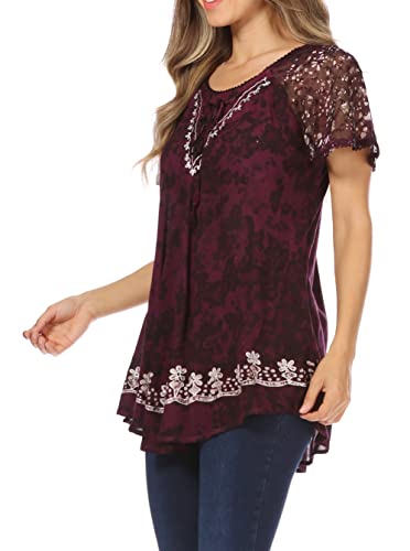 Image of Sakkas Ash Speckled Tiedye Embroidered Cap Sleeve Blouse Top with Embroidery Hems