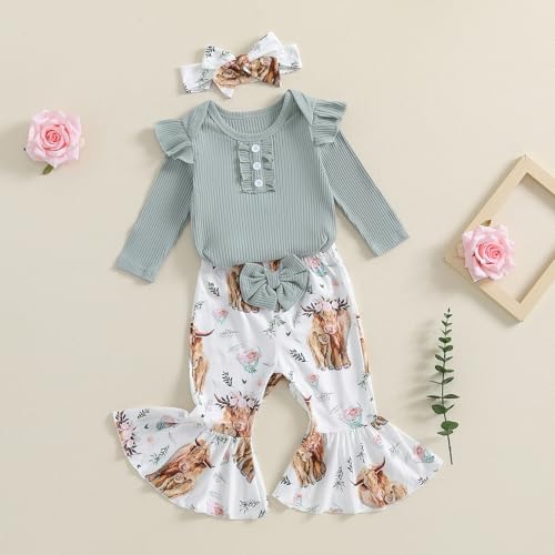Baby Girl Clothes Newborn Infant Outfits Ruffle Romper Floral Bell Bottoms Pants Headband Sets Ribbed Knit Clothing3