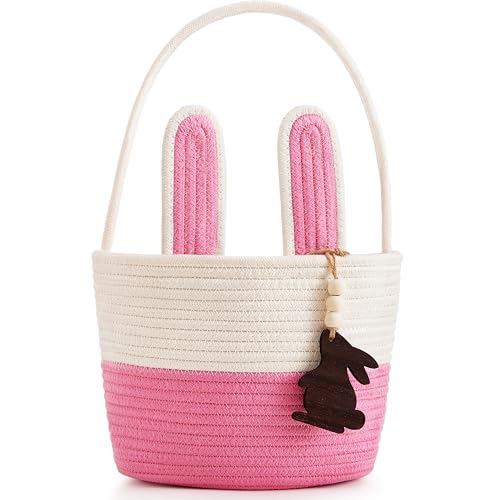 Image of Pro Goleem Easter Basket for Kids, Adorable Woven Egg Hunt Bucket with Handle, Soft First Easter Gift Tote Bag, Nursery Toy Storage Bin with Tag(Pink)