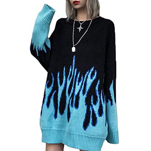 Vamtac Women's Long Sleeve Flame Oversized Sweater Color Block Loose Casual Knitted Jumper Pullover Tops Black