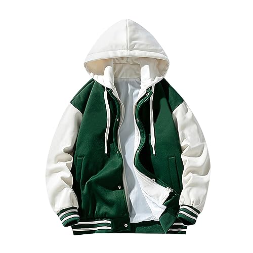 WENKOMG1 Hooded Varsity Jacket for Men,Quilted Long Sleeve College Jacket Casual Winter Fall Hooded Letterman Outerwear
