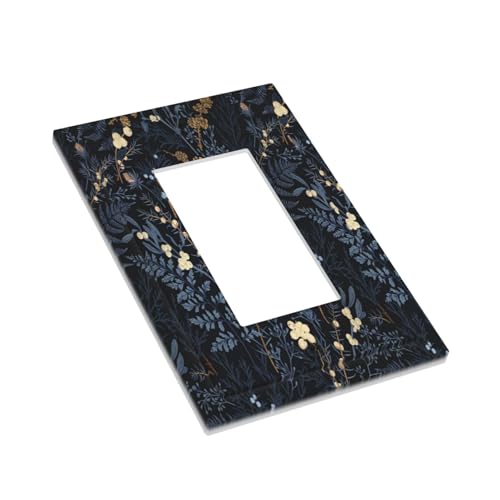 Decorative Outlet Covers Rustic Navy Dark Blue Leaves Golden Floral 1 Gang Rocker Light Switch Cover Plate Single Decora Light Switch Covers Wall Plate Faceplate for Bedroom Decor