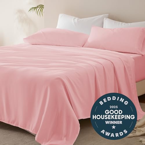 SLEEP ZONE Nanotex Super Soft Cooling Twin Bed Sheets Set for Kids 3 Piece - Easy Care Fitted Flat Sheet & Pillowcase Sets - Wrinkle Free, Fade Resistant, Deep Pocket 16" (Ballet Pink, Twin)