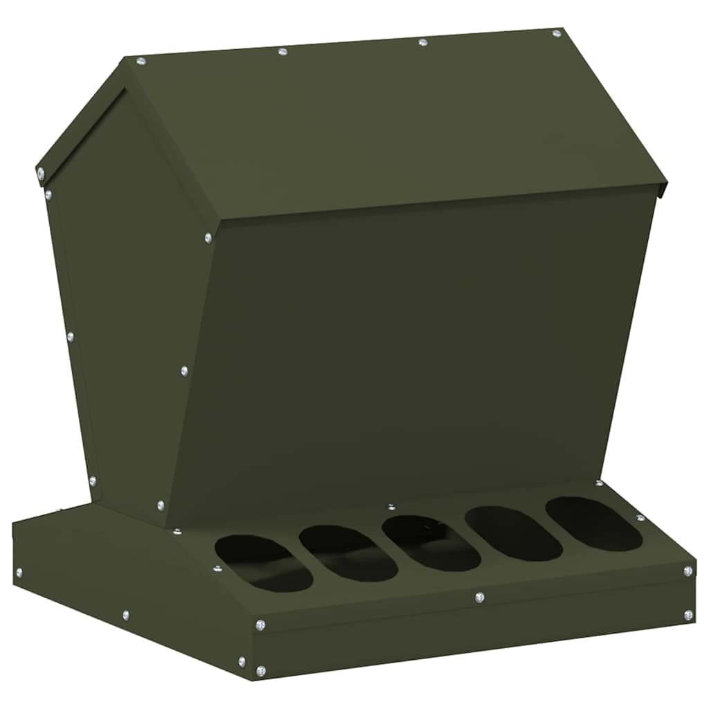 Comedero para pollos verde oliva de acero laminado en frío, 40 x 40 x 45 cm, resistente a la intemperie, para interior y exterior, con 5 kg de capacidad, práctico comedero, diseño estable