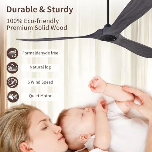 60 Inch Ceiling Fan No Light ,Wood Outdoor Ceiling Fans for Patios Living Room Gazebo Mid Century Modern Big Waterproof Ceiling Fans without Lights with Downrod(Grey)