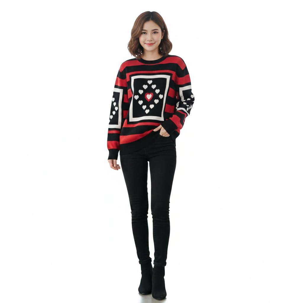 Women Black Red Heart Print Sweater Bust 49 Inch Striped Knit Long Sleeve Casual Winter Pullover-image-39