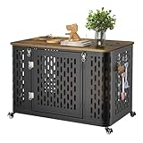 ONBRILL Dog Crate with Cushion, 38' Wood Heavy Duty Dog Crate Furniture with Flip Top & Wheels for High Anxiety Dog, Escape Proof Pet Cage for Small/Medium Dogs
