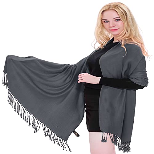 CJ Apparel Charcoal Black Dark Grey Smokey Grey Solid Color Tassels Design Nepalese Shawl Scarf Wrap Stole Throw Head Wrap Pashmina Hand Made in Nepal New
