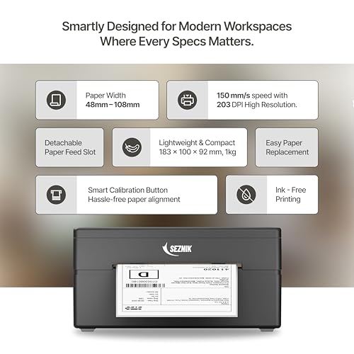 Image of SEZNIK LabelX Bluetooth Shipping Label Printer for Ecommerce | Thermal Printer, 4x6 Label,203 DPI | Wireless + USB | Free App+Software, Barcode | Android, iOS, Mac, Win | 1Yr Warranty | No SellerFlex