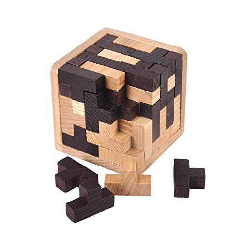 Kingou Wooden Brain Puzzle Cube 3D Brain Teaser Puzzles 54 Pieces T-Shaped Blocks Builder Creative Educational Toy For Kids And Adults Desk Puzzles For Gift #TOP2