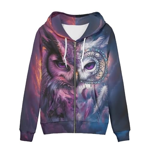 WELLFLYHOM Y2K Sweat à Capuche zippé Vintage pour Femme, Attrape-rêves Hibou Galaxie, X-Large