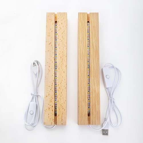 Image of ZEERSHEE 2 Pcs 9.4 Inch Wooden Rectangle LED Light Display Pedestal for Acrylic and Plexiglass Crystal Glass Resin Night LED Light Lamp Base with USB Switch