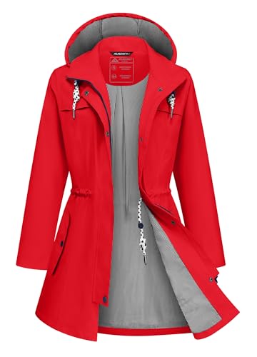 ATLASLAVA Rain Jacket Women Waterproof Long Lightweight Raincoat Hooded Windbreaker Outdoor Trench Coat RED L