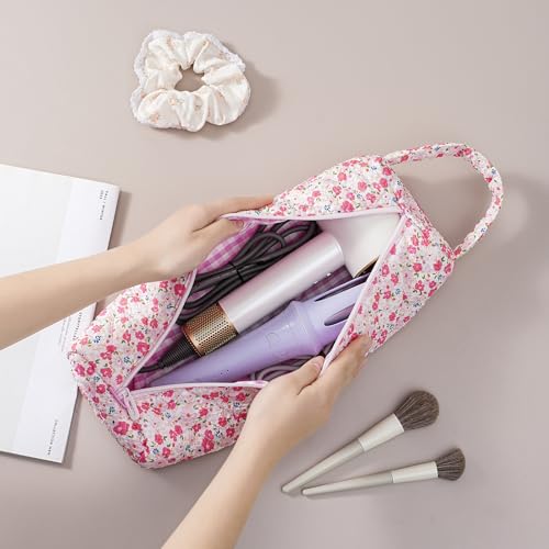 Image of RSRSLEII Quilted Hair Tools Travel Bag,Hair Styling Accessories Storage Case for Shark FlexStyle, Dyson Airwrap Hair Dryer, Curling Iron, Revlon Hair Tools,Portable and foldable(12Pink Blue Flower)