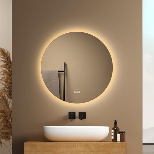 EMKE Runder Badspiegel mit Beleuchtung 50 cm – Spiegel mit 3 Lichtfarben, dimmbar, Touch,...
