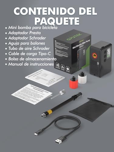GPUTEK Bomba De Bicicleta Eléctrica, Bomba De Aire Portátil De Alta Presión De 120 PSI para Bicicletas Pequeñas con Medidor Digital para Válvulas Presta Y Schrader De Bicicletas De Carretera - imagen 7