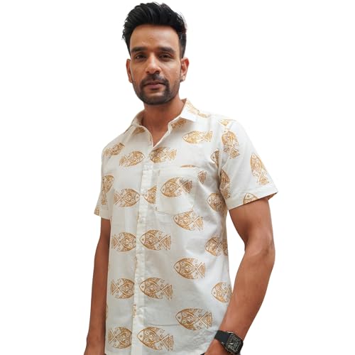 Image of Yellow Fish Print on White Cotton Shirt for Men | All-Day Casual Comfort - Breathable cotton blend fabric engineered for premium softness and durable everyday wear.