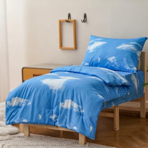 Image of Wellboo Sky Clouds Toddler Bedding Sets for Girls Boys White and Blue Sky 4 Pieces Soft Crib Bed Set Including Comforter, Sheets and Pillowcase Kids White Clouds Quilt Cartoon Casual Abstract Bed