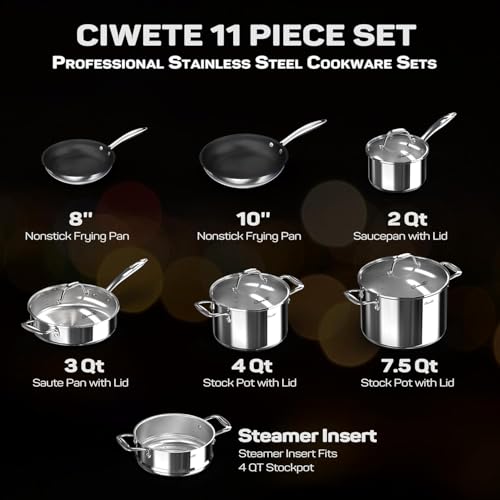 Image of Ciwete 11-Piece Stainless Steel Pots and Pans Set Non Stick, Tri-Ply Stainless Steel Cookware Set, Induction Kitchen Cookware Sets with Steamer Insert & Stay-Cool Handles, Dishwasher, Oven Safe
