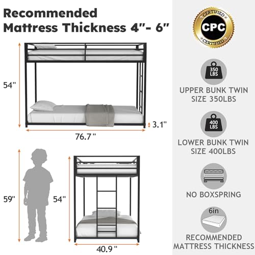 Twin Over Twin Bunk Bed, Metal Low Profile Bunkbeds with Full-Length Guardrail and Ladder, Space Saving, No Boxing Spring Needed, Black - Image 3