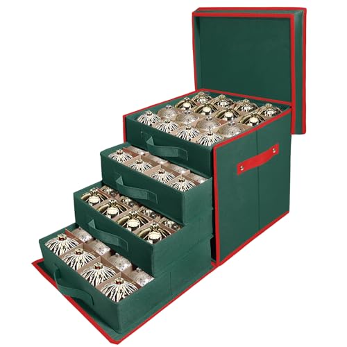 WDZREE Premium Large Christmas Ornament Storage,Box with Side Open, Drawer Style Trays - 3" Compartment, 4 Trays, Keeps 64 Holiday Ornaments -Made of Durable 600D Oxford Fabric Tear-Proof Material