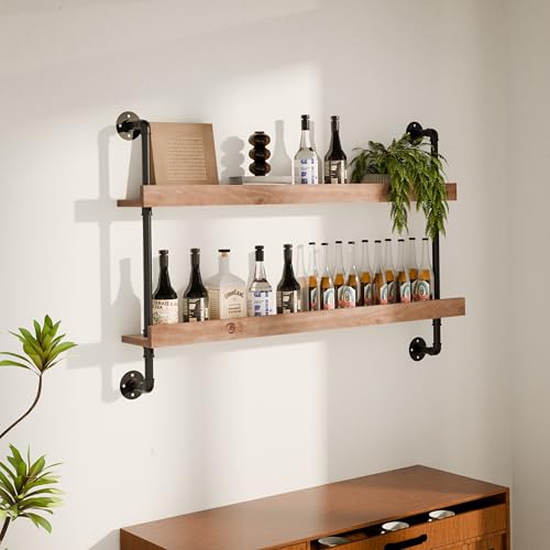Image of Industrial Wine Rack Wall Mounted, Solid Wood Shelf with Metal Pipe Brackets, 2-Tier Rustic Hanging Organizer for Wine Bottle Storage in Kitchen, Bar, Pub, Cellar(Weathered Brown, 48 Inch)