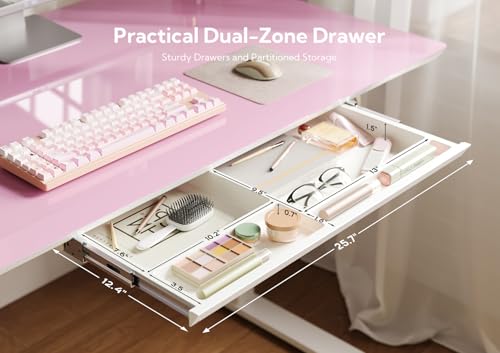 Image of INNOVAR Glass Standing Desk with Drawers 55x24 Inch Morandi Powder