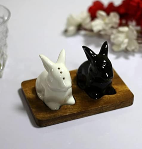 Image of KITTENS 'Hopper Duo' Handpainted Rabbit Shaped Ceramic Salt & Pepper Shaker Set - Black & White - Set of 2 - Food Grade Decorative Tableware for Dining, Kitchen & Gifting