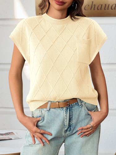 Saodimallsu Womens Summer Mock Neck Sweater Cap Sleeve Lightweight Sweater Vest Casual Loose Knit Pullover Tank Tops3