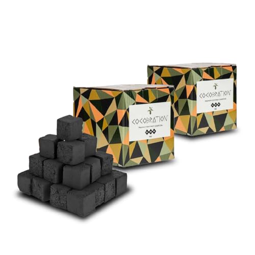 Cocobration Carbone Naturale in Gusci di Cocco 2x1KG – Carbone Premium per Narghilè e Barbecue – Cubi 26mm – Senza Aroma – Lunga Durata e Fumo Denso
