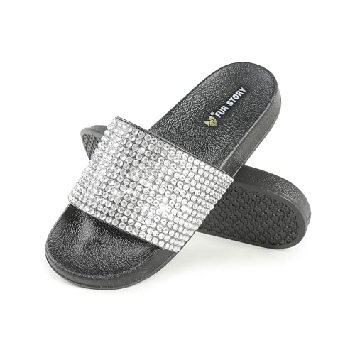 Image of Fur Story Womens Slides House Slippers Rhinestone Glitter Slides Cute bling Flat for Women Platform Sandals Cozy Bedroom Slippers Shower Shoes