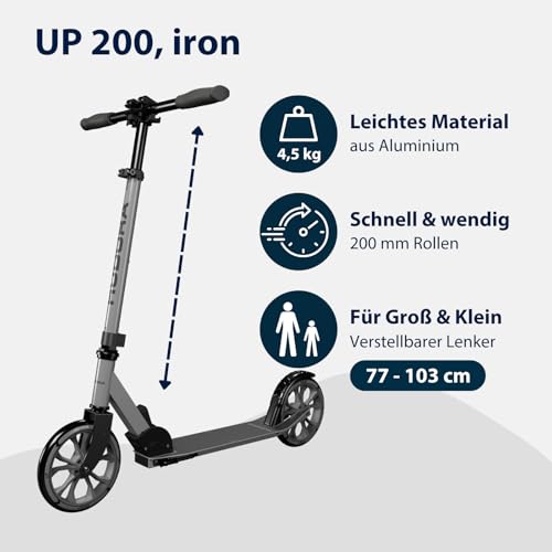 HUDORA Scooter Up 200 - Ger&auml;uscharmer Aluminium-Roller f&uuml;r bis zu 100kg - H&ouml;henverstellbarer & zusammenklappbarer Tretroller - Ruckelfreier Kick-Scooter f&uuml;r Kinder / Jugendliche & Erwachsene